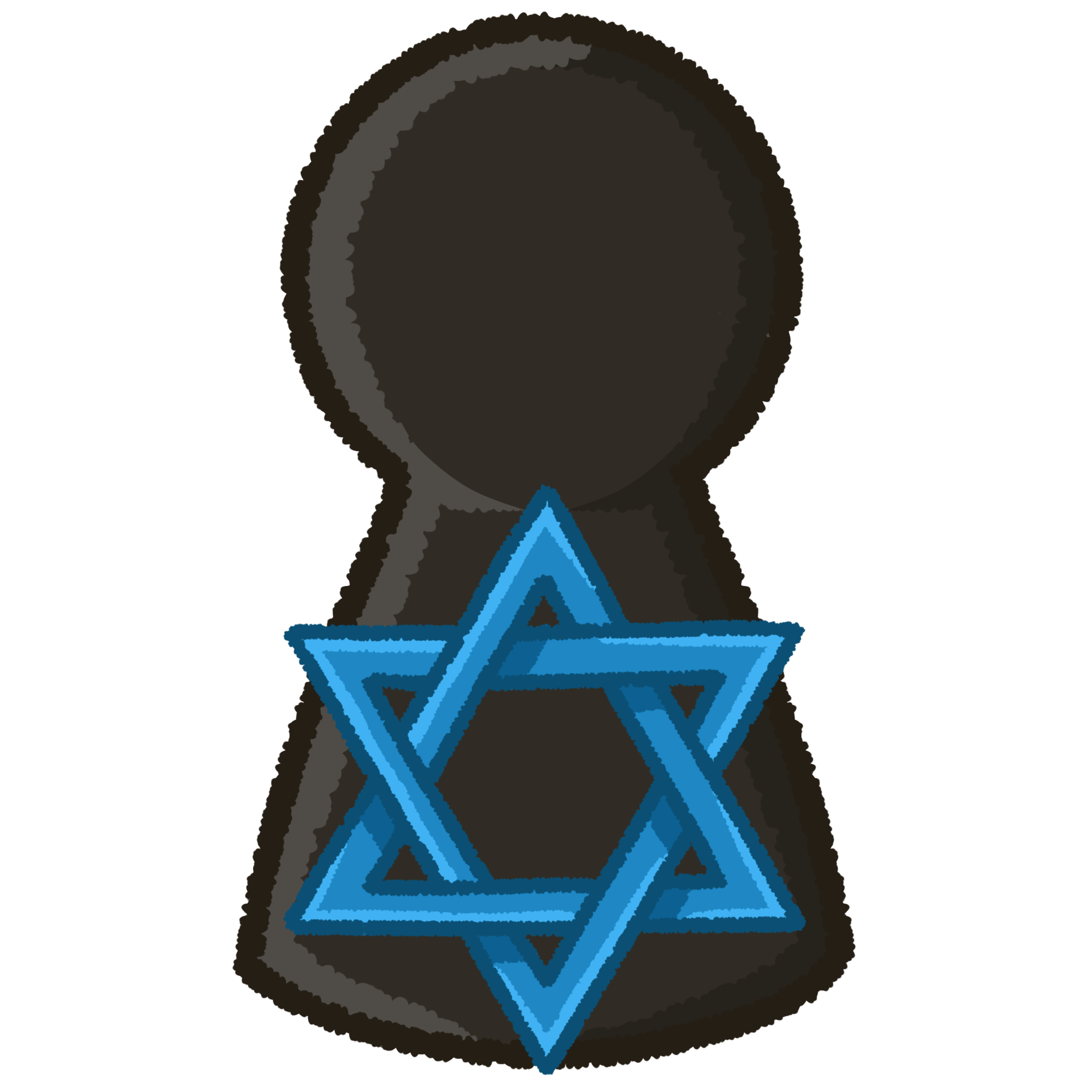 a black humanoid blob with a blue magen david in front of their torso
